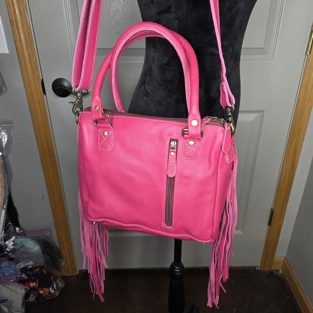 Myra Bag Western Cowhide Leather Fringe Concealed Carry Handbag Pink Letterstone - Picture 3 of 10